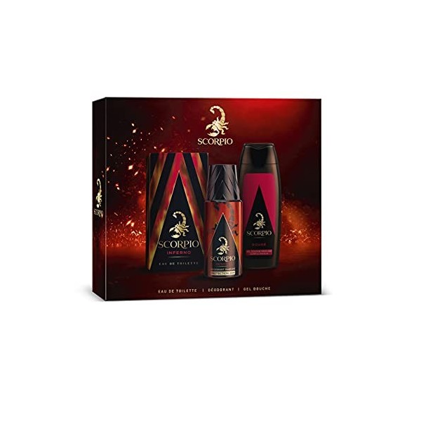 SCORPIO - Coffret 3 produits Inferno - Coffret Cadeau Homme - Eau de toilette flacon 75ml, Gel Douche 250ml et Déodorant atom