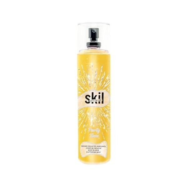 SKIL - Brume Parfumée Femme Pailletée Party Time - Collection Night Call - Parfum Musc Vanille - Flacon Vaporisateur 250 ml -