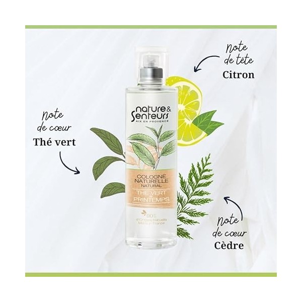 Eau de Cologne Thé Vert ● Parfum mixte ● boisées et fleuries fabriquée en France ● 98% d’origine naturelle ●100ml ● Nature & 