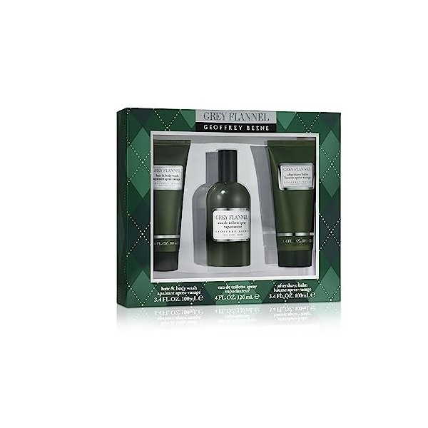 Geoffrey Beene, Coffret Trio Grey Flannel Eau de Toilette Vaporisateur pour Homme, Après-Rasage, Gel Douche, Senteur Boisée e