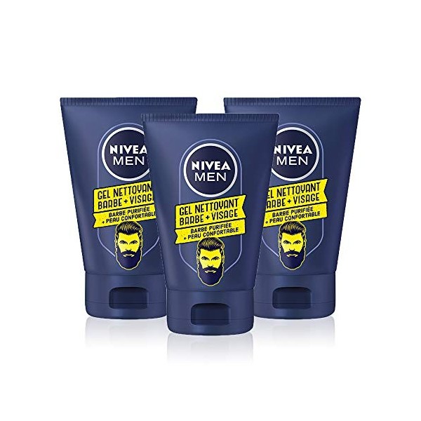 NIVEA MEN Gel nettoyant Barbe + Visage 3 x 100 ml , soin barbe adoucissant à la camomille, nettoie la peau sans dessécher, k