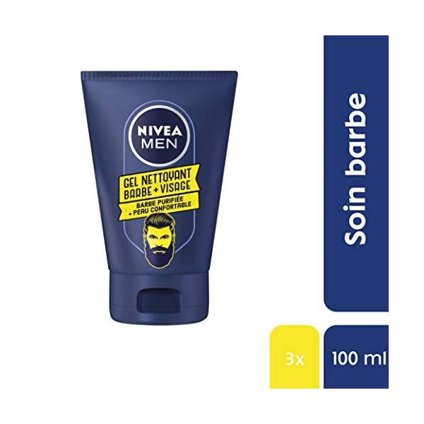 NIVEA MEN Gel nettoyant Barbe + Visage 3 x 100 ml , soin barbe adoucissant à la camomille, nettoie la peau sans dessécher, k