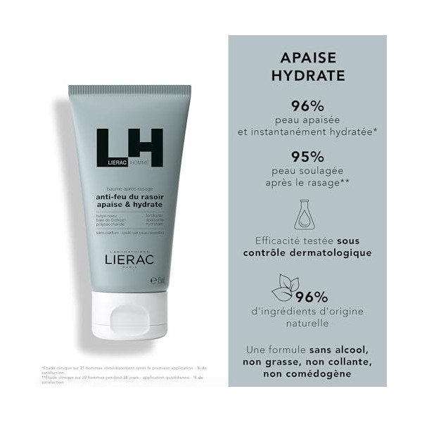 Lierac - Lierac Homme - Baume Après Rasage 75ml - Hygiene Visage - Anti-feu du rasoir - Apaise - Hydrate - 96% d’ingrédients 