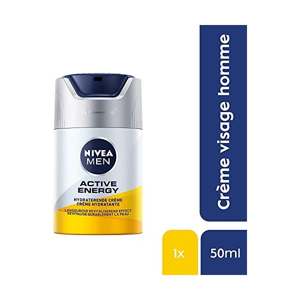 NIVEA MEN Active Energy Crème Visage Énergisante 1 x 50 ml , Crème Hydratante non grasse pour homme, Soin Visage enrichi en 