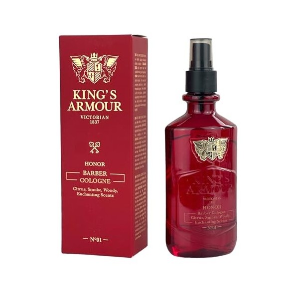 Kings Armour HONOR Barber Cologne Spray – Agrumes, fumée, bois, parfums enchanteurs, 250 ml