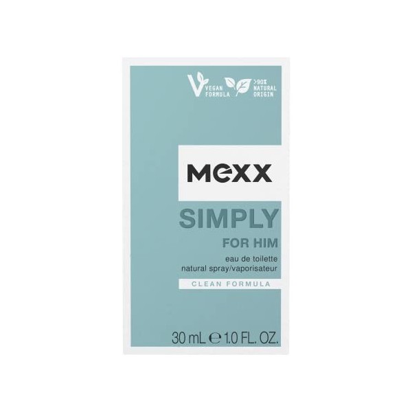 Mexx Simply for Him Eau de toilette rafraîchissante et élégante pour homme Formule naturelle végétalienne Flacon en verre 30 