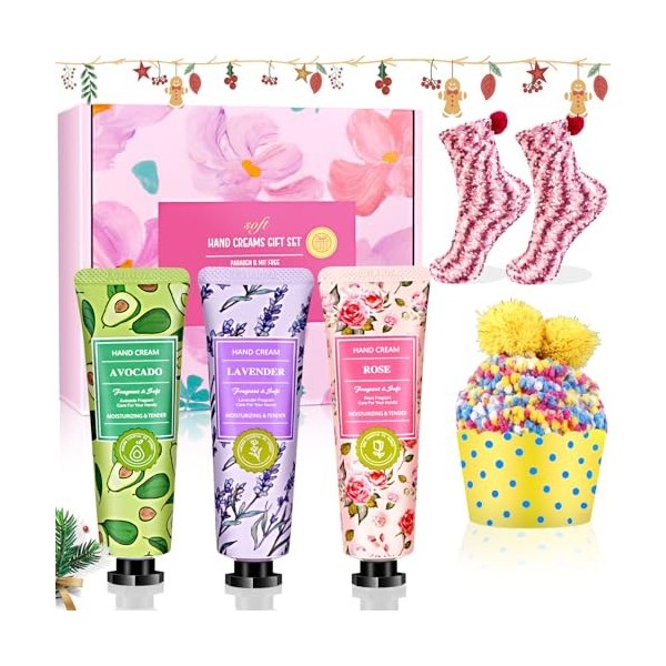 Coffret Cadeau pour Femmes,Crème Mains Réparatrices 3 x 30ml et 2 paires de chaussettes Coffret Cadeau de Noël pour petite am