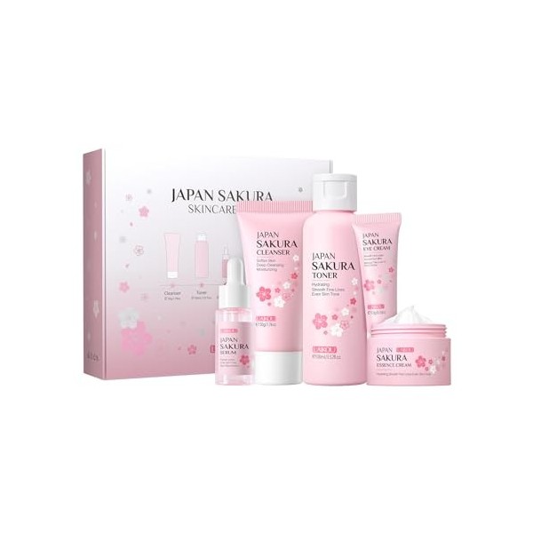 LAIKOU Sakura Ensemble de Soins du Visage, Coffret Produit de Beauté Femme, avec Nettoyant Visage,Toner, Contour Yeux, Sérum,