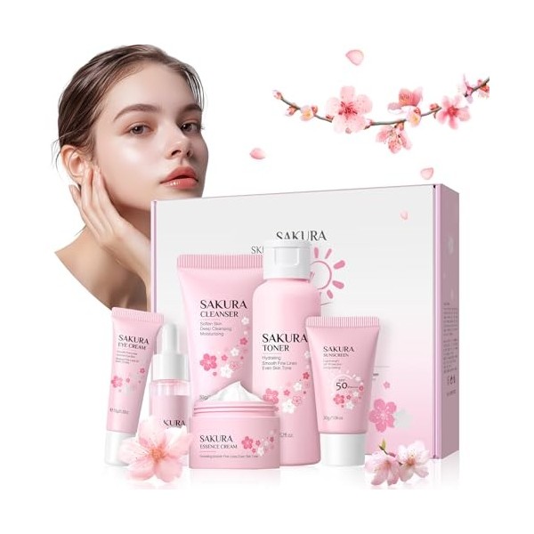 Coffret de soins 6 pièces Sakura, Coffret de soins du visage Sakura, Coffret de soins pour la peau Cherry Blossom, Hydratant 