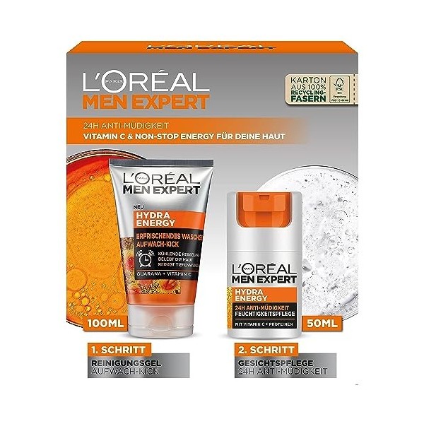 LOréal Men Expert Kit de soin anti-fatigue pour homme avec gel nettoyant et crème anti-fatigue 24H pour homme avec vitamine 