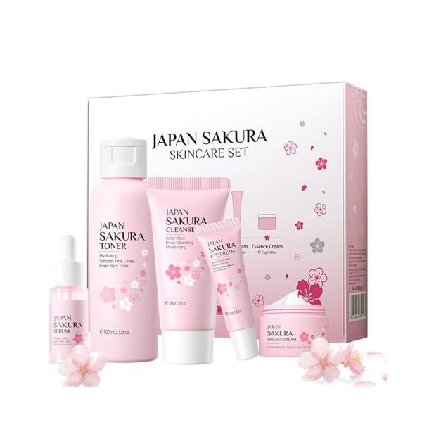 Sakura Ensemble de Soins de la Peau 5 Pièces, avec Crème Nettoyante, Toner, Sérum, Kit de Soins de La Peau Hydratants, Coffre