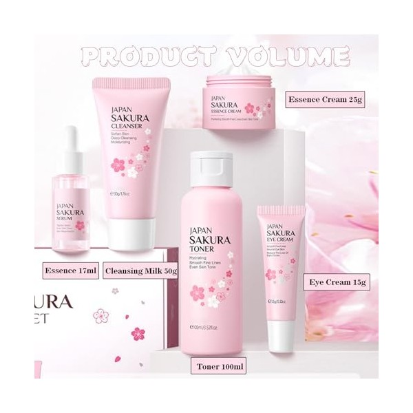 Sakura Ensemble de Soins de la Peau 5 Pièces, avec Crème Nettoyante, Toner, Sérum, Kit de Soins de La Peau Hydratants, Coffre