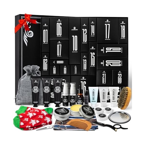 Calendrier de lAvent Homme, Lionmane Kit Barbe Homme, Coffret Cadeau de Noël 24pcs pour les Soins de Barbe, Cheveux, Visage 