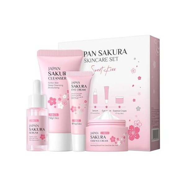 LAIKOU Sakura Ensemble de Soins du Visage, Coffret Cadeau Femme Produit de Beauté, 4 Pièces Nettoyant Visage, Contour Yeux, S