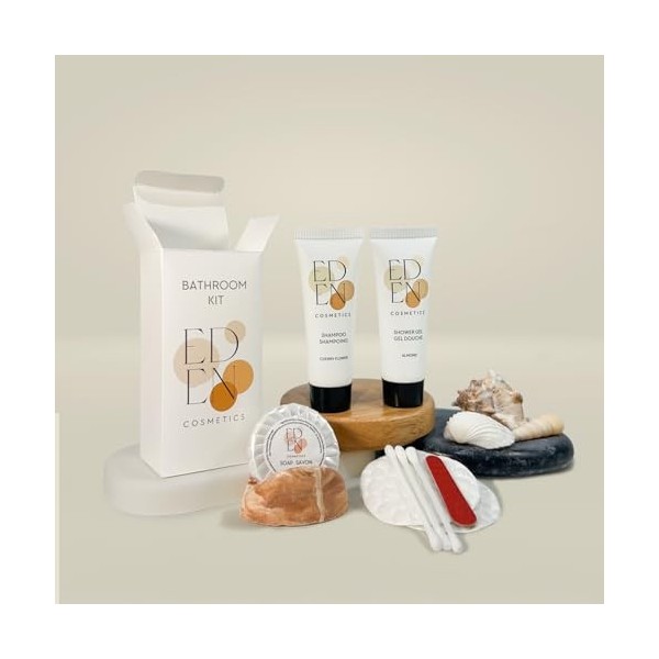 Kit daccueil pour Salle de Bain | Idéal pour Locations Airbnb & Hôtels | Cosmetique Parfumé | Lot de 50 Kits Complets et Prê