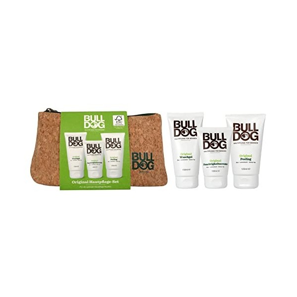 BULLDOG - Coffret cadeau de soin de la peau pour homme, crème hydratante + gel nettoyant + gommage + trousse de toilette