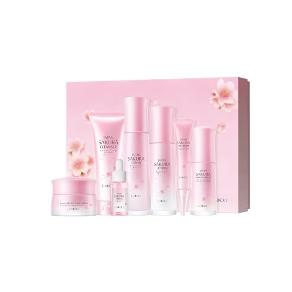 LAIKOU Sakura Ensemble De Soins De La Peau, 7Pièces Coffret Cadeau Femme Soins pour le Visage, Nettoyant, Tonique, Lotion, Co