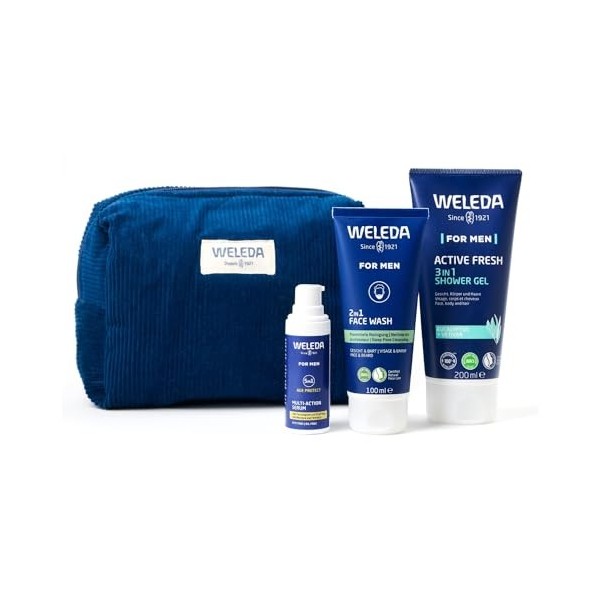 WELEDA - TROUSSE SOINS HYGIENE HOMME : Gel nettoyant visage 2en1-100 ml + Sérum Multiaction 5en1-30 ml + Gel Douche 3in1 Acti