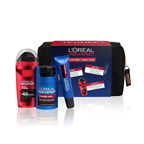 LOréal Men Expert - Coffret Routine Anti-Âge pour Homme - Soin Hydratant + Soin Yeux + Déodorant Bille - À lAcide Hyaluroni