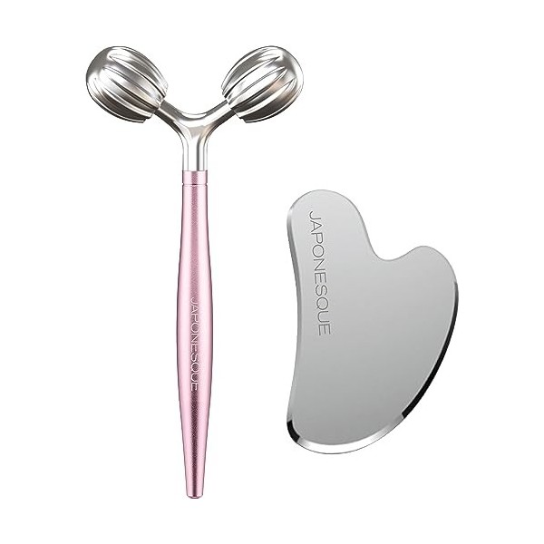 JAPONESQUE Kit doutils de contour du visage comprenant un rouleau en V et un Gua Sha en acier inoxydable pour le dégonflemen