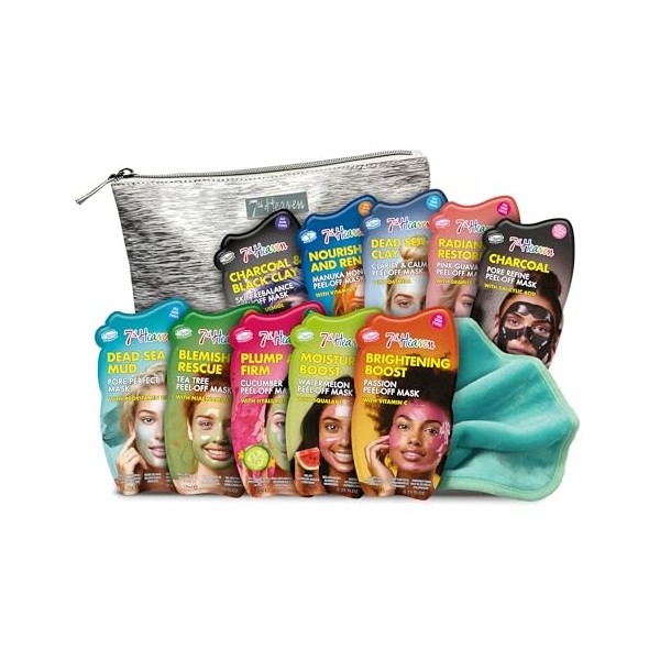 7th Heaven Pamper and Party Coffret de masques pour le visage - 10 masques hydratants et nettoyants pour le visage, un sac 