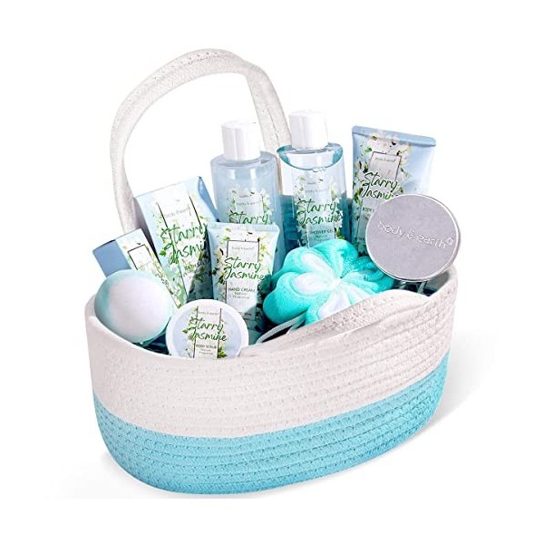 Coffret de Bain & Douche pour Femme, Body&Earth 11PCS Coffret Cadeau au Parfum de Jasmin, Parfait Cadeau pour l’Anniversaire