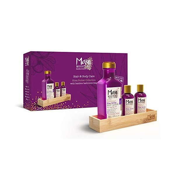 Maui Moisture Coffret cadeau avec shampoing au beurre de karité végétalien, après-shampoing et lotion pour le corps avec plat