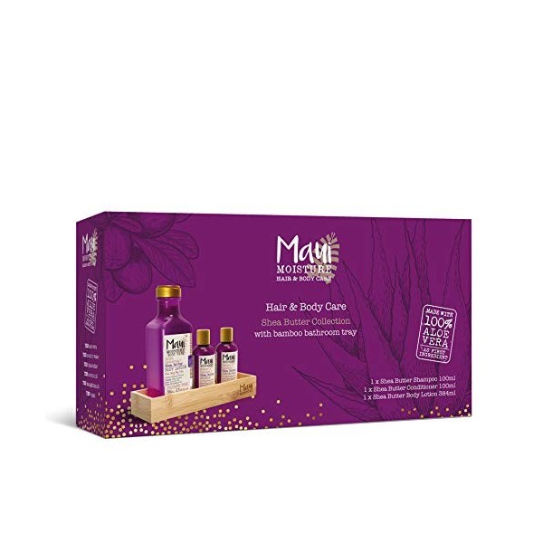 Maui Moisture Coffret cadeau avec shampoing au beurre de karité végétalien, après-shampoing et lotion pour le corps avec plat