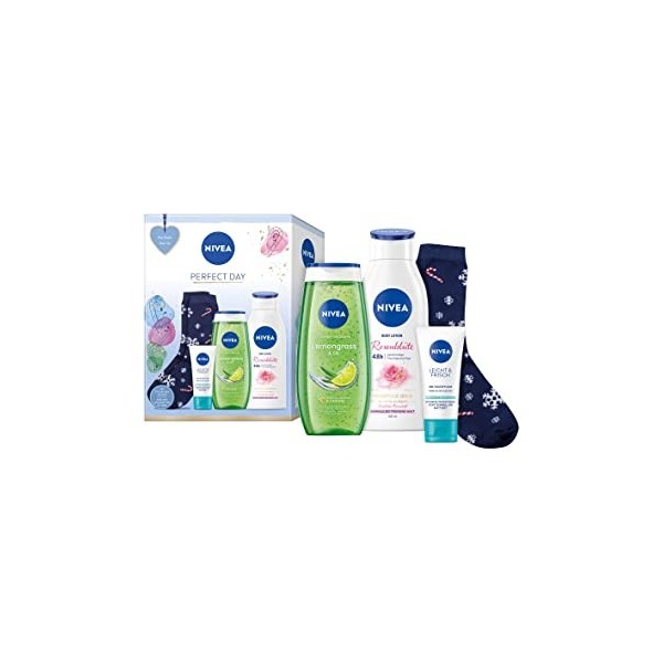 NIVEA Perfect Day Coffret cadeau avec NIVEA Essentials, coffret cadeau avec soin de jour, douche de soins, lotion pour le cor