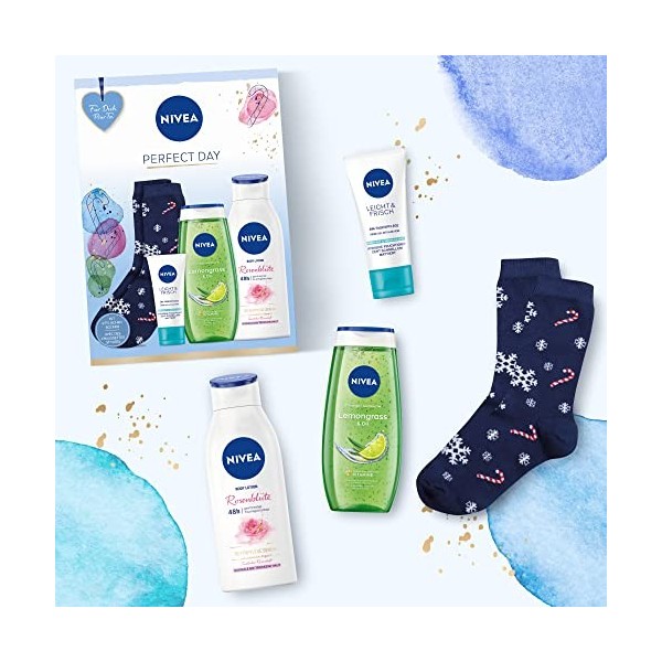 NIVEA Perfect Day Coffret cadeau avec NIVEA Essentials, coffret cadeau avec soin de jour, douche de soins, lotion pour le cor