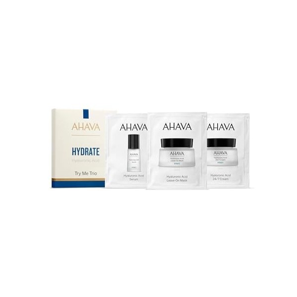 Kit AHAVA Hyaluronic Acid Hydrate Sachet - Sérum HA, Masque Leave-On & Crème Visage 24/7 - Hydrate, prévient les rides, adouc