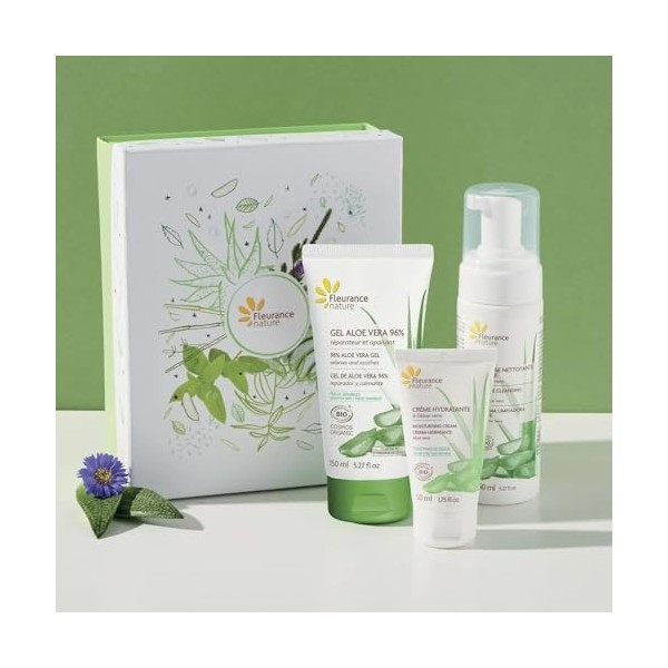 Fleurance Nature Coffret Cadeau dAloe Vera Biologique, 96% Gel dAloe Vera, Crème Hydratante, Lotion Purifiante