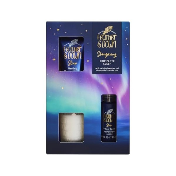 Feather & Down Coffret cadeau complet de sommeil – Crème de douche fondante, bougie apaisante et spray doreiller – Huiles es