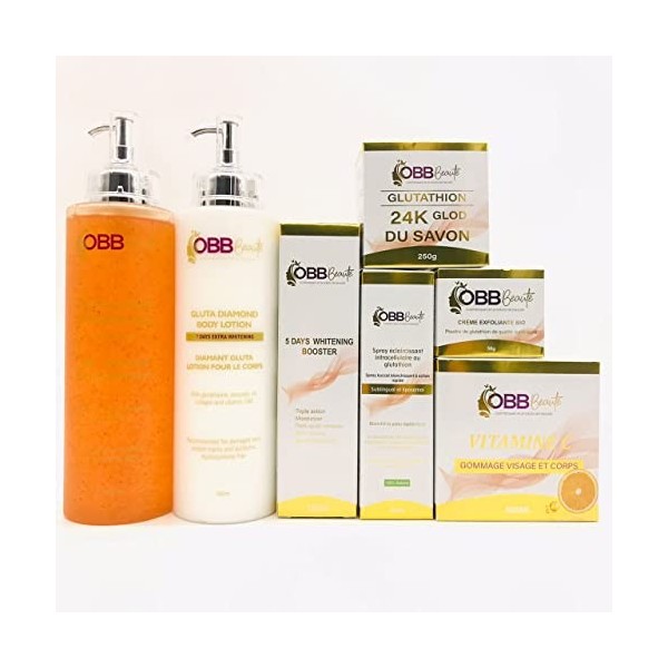 GAMME A 7 PRODUITS GLUTA DIAMONT CLARIFIANTE OBB Beauté lait pour le corps 500ml, gel douche 500ml, savon 250g, gommage 500g,