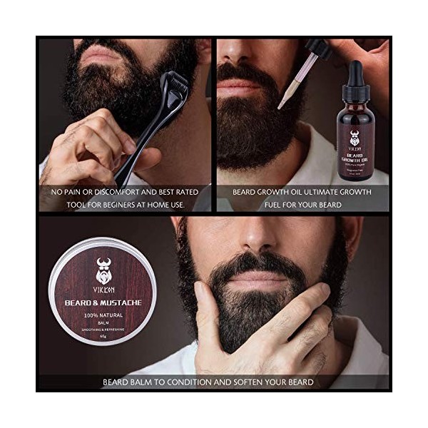 Kit de Croissance de Barbe VIKICON, Rouleau de Derma à barbe + Huile de Sérum de Croissance de Barbe + Baume à Barbe, Cadeau 