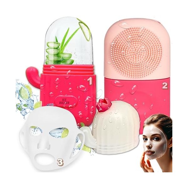 Tiktok Kit de rouleau à glace pour le visage avec brosse de nettoyage pour le visage, masque en silicone, pour nettoyer le vi