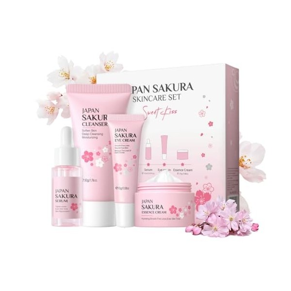 Sakura Coffret cadeau de soins de la peau pour adolescentes, 4 pièces avec nettoyant, sérum, crème pour le visage, crème pour