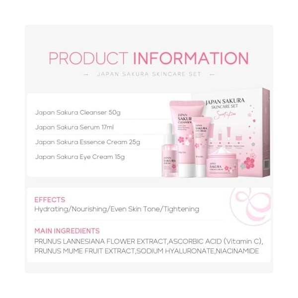 Sakura Coffret cadeau de soins de la peau pour adolescentes, 4 pièces avec nettoyant, sérum, crème pour le visage, crème pour