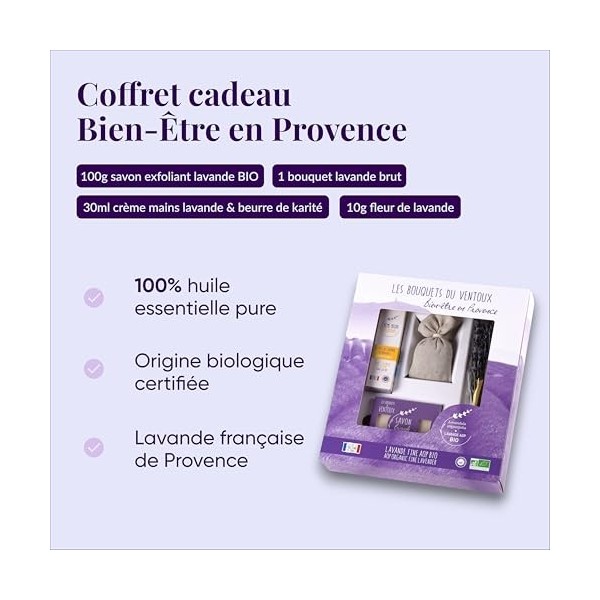 Coffret Cadeau Lavande Bio Bien-Être en Provence - Kit Détente Savon Exfoliant Lavande, Crème Mains Lavande, Bouquet Lavande 