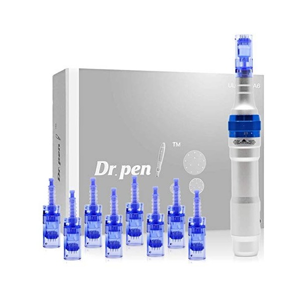 Dr. Pen Ultima A6 Kit de soins de la peau électrique sans fil professionnel avec 8 cartouches – Quatre 12 broches, quatre 36 