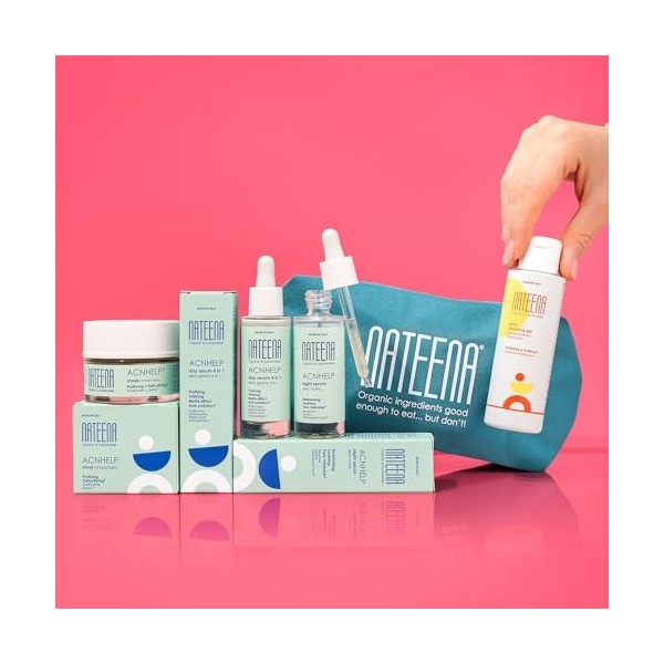 Kit Acnhelp Routine de skincare bio pour les adolescents à la peau grasse et/ou sujette à lacné. Testé dermatologiquement su