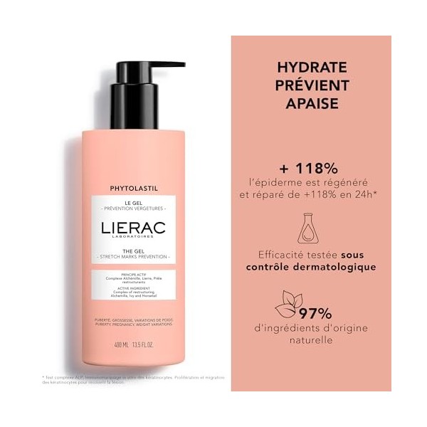 Lierac - Phytolastil - Le Gel Prévention Vergetures 400ml - Soin Corps Vergetures - Hydrate – Apaise - 97% dingrédients dor