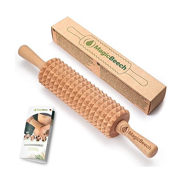 MagicBeech Rouleau de massage en 100% bois de hêtre - rouleau de massage en bois avec poignée appareil de massage contre la c