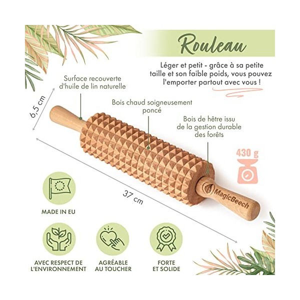 MagicBeech Rouleau de massage en 100% bois de hêtre - rouleau de massage en bois avec poignée appareil de massage contre la c