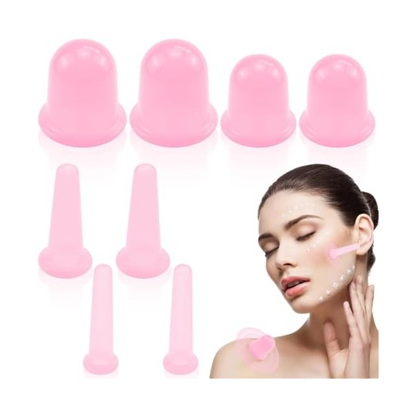 Asfrode Lot de 8 ventouses en silicone - Pour le corps et le visage - Contre les tensions et les rides - Rose