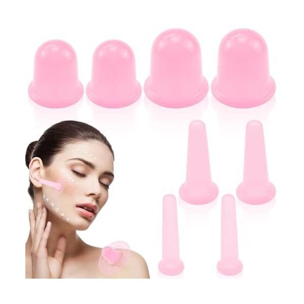 Lot de 8 ventouses en silicone - Pour le corps et le visage - Contre la cellulite, les tensions et les rides - Rose