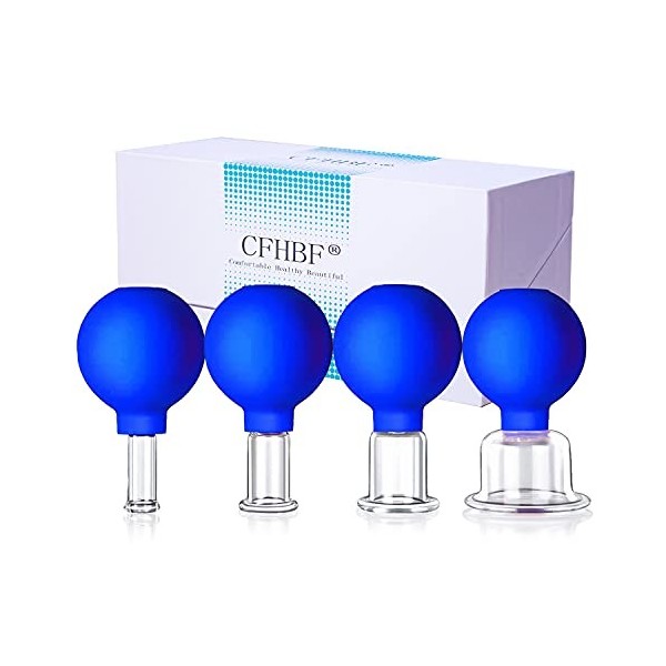 CFHBF Lot de 4 ventouses faciales en verre, massage sous vide anti-cellulite - Ventouses en silicone pour massage des yeux et