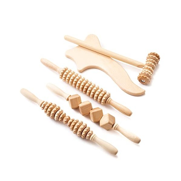 Ribnican Rouleau masseur professionnel en bois vernis Kit - 5, rouleau Multifonctionnel pour le corps pour la réduction de la