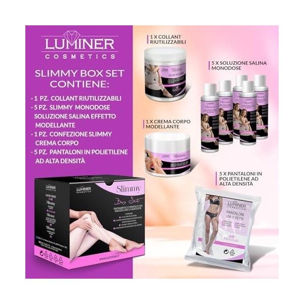 Luminer Coffret Slimmy avec 5 collants drainants anti-cellulite réutilisables avec sel de la mer morte, pantalon Cartene et c