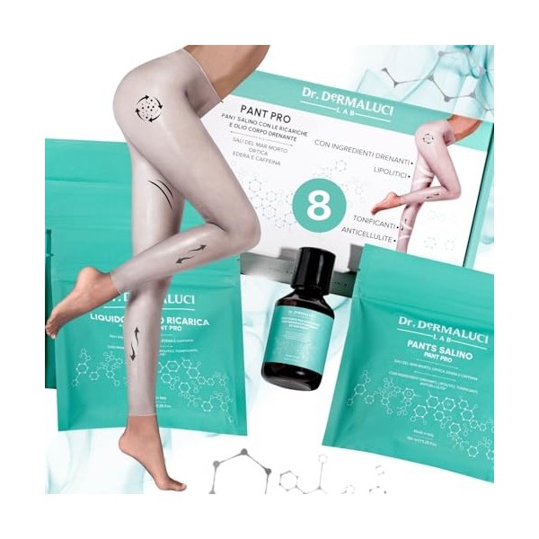 Pantalon drainant anti-cellulite Salin Kit | Sel de la mer Morte/Ortie/Lierre/Caféine | 4 traitements + huile corporelle | Ac